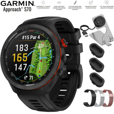 Garmin Approach S70 42 mm Premium GPS Golf Watch Black Band + 20mm Band Bundle