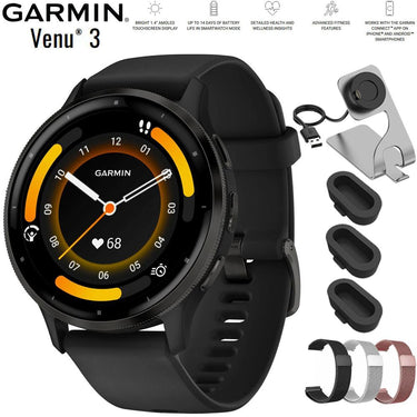 Garmin Venu 3 Fitness GPS Smartwatch Steel Bezel with Black Case + Band Bundle