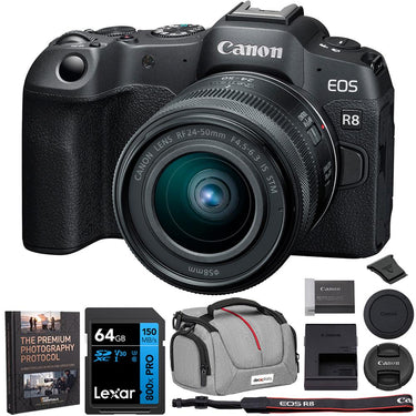 Canon EOS R8 Mirrorless Camera + RF 24-50mm F4.5-6.3 IS STM Lens + Accessories Bundle