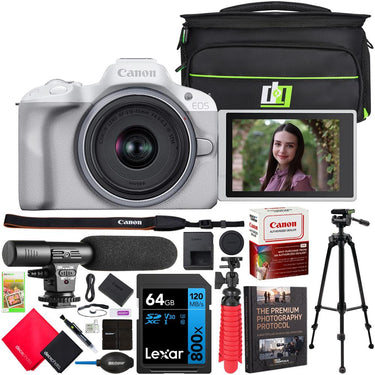 Canon EOS R50 Mirrorless Camera White + RF-S 18-45mm F4.5-6.3 IS STM Lens + Pro Bundle