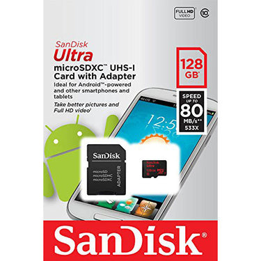 Sandisk Ultra microSDXC 128GB UHS-I Class 10 Memory Card w/ Adapter (Up to 80MB/s)