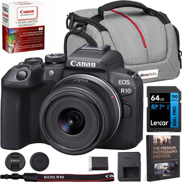 Canon EOS R10 Mirrorless Camera + RF-S 18-45MM F4.5-6.3 Lens Kit + Accessories Bundle