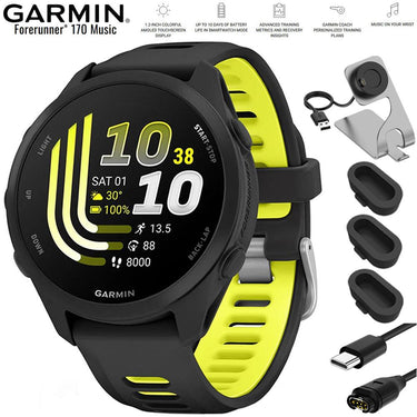 Garmin Forerunner 170 Music Black/Amp Yellow with Charging Bundle