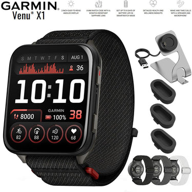 Garmin Venu X1 Premium GPS Smartwatch Black Titanium + 24mm Elastic Bands Bundle