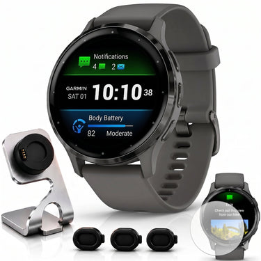 Garmin Venu 3S GPS Smartwatch Steel with Gray Case 41mm + Charging Dock Bundle