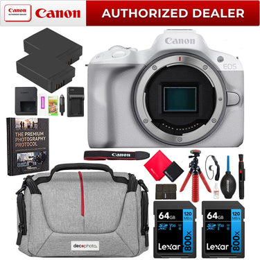 Canon EOS R50 Mirrorless Camera Body White + 2 Battery + Bag + Accessories Bundle