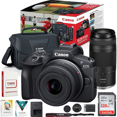 Canon EOS R100 Camera Double Zoom Lens Kit w/RF-S18-45/RF75-300mm + 128GB Bundle