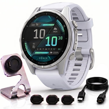 Garmin Fenix 8 43 mm AMOLED Silver with Whitestone Band + Charging Dock Bundle