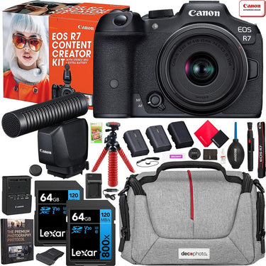 Canon EOS R7 Mirrorless Camera Content Creator Kit + 18-45mm Lens + Mic +Travel Bundle
