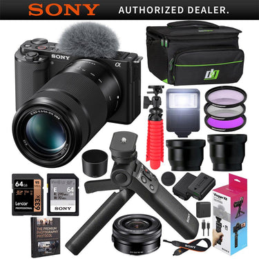 Sony ZV-E10 Mirrorless Vlog Camera 2 Lens Kit 16-50mm 55-210mm + ACCVC1 Black Bundle