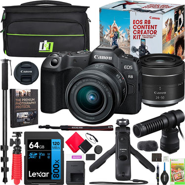 Canon EOS R8 Mirrorless Camera Content Creator Kit w/ 24-50mm IS STM Lens + Mic Bundle
