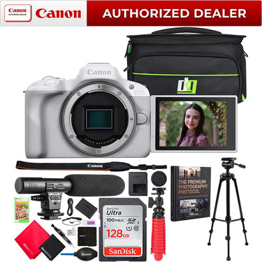 Canon EOS R50 Mirrorless Camera Body White + Microphone & Tripod Accessories Bundle