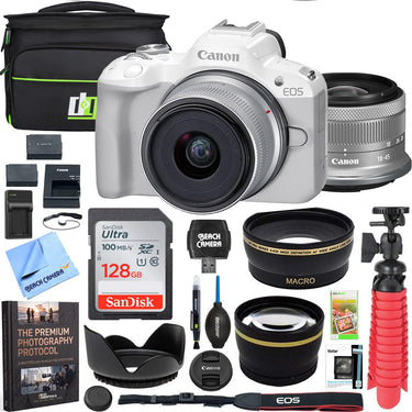 Canon EOS R50 Mirrorless Camera White + 18-45mm IS STM Lens Kit Premier Bundle