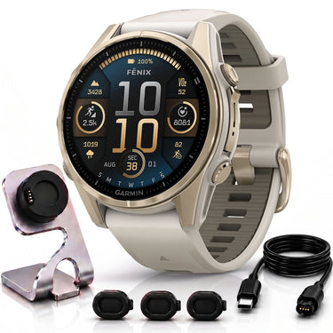 Garmin Fenix 8 43 mm AMOLED Gold with Fog Gray Band + Charging Dock Bundle