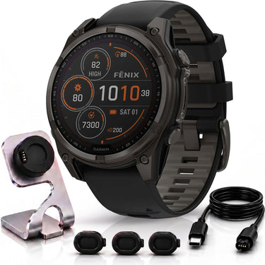 Garmin Fenix 8 47 mm Solar Sapphire, Carbon Gray DLC +Charging Dock + Dust Cover Bundle