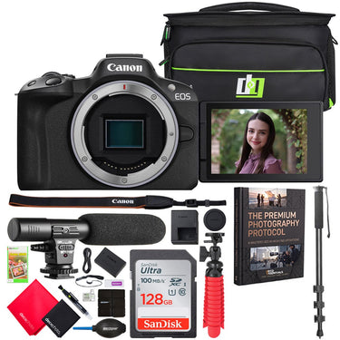 Canon EOS R50 Mirrorless Camera Body Black + Microphone & Monopod Accessories Bundle