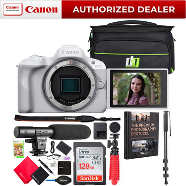 Canon EOS R50 Mirrorless Camera Body White + Microphone & Monopod Accessories Bundle