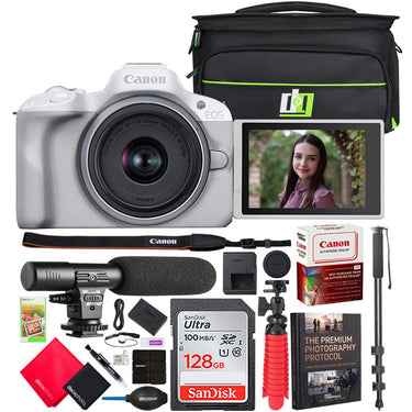 Canon EOS R50 Mirrorless Camera White + RF-S 18-45mm F4.5-6.3 IS STM Lens + Pro Bundle