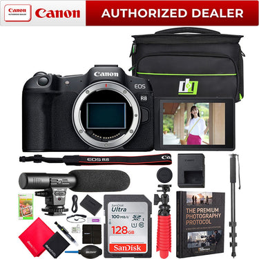 Canon EOS R8 Full Frame Mirrorless Camera Body +Microphone & Monopod Kit Deluxe Bundle