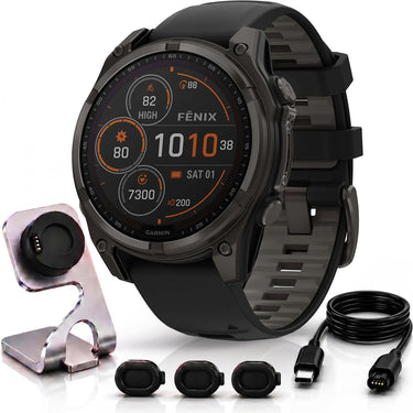 Garmin Fenix 8 51mm Solar Sapphire, Carbon Gray + Charging Dock + Dust Cover Bundle