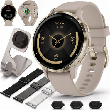 Garmin Venu 3S Health Fitness GPS Smartwatch Gold Bezel 41mm + Nylon Band Bundle