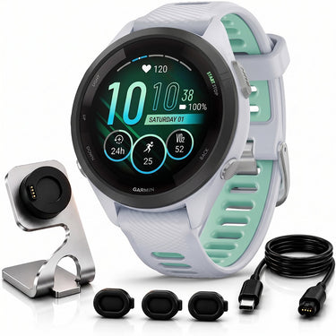 Garmin Forerunner 265S GPS Smartwatch Whitestone/Neo with Charging Dock Bundle