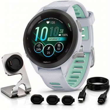 Garmin Forerunner 265S GPS Smartwatch Whitestone/Neo with Charging Dock Bundle