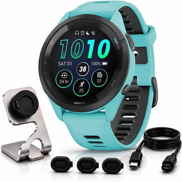 Garmin Forerunner 265 GPS Smartwatch, Aqua/Black + Charging Dock + Dust Cover Bundle