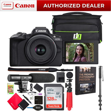Canon EOS R50 Mirrorless Camera Black + RF-S 18-45mm F4.5-6.3 IS STM Lens + Pro Bundle