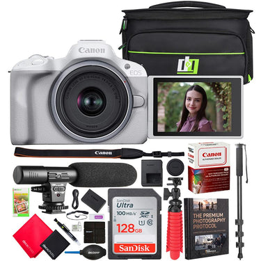 Canon EOS R50 Mirrorless Camera White + RF-S 18-45mm F4.5-6.3 IS STM Lens + Pro Bundle