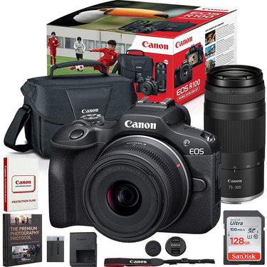 Canon EOS R100 Camera Double Zoom Lens Kit w/RF-S18-45/RF75-300mm + 128GB Bundle