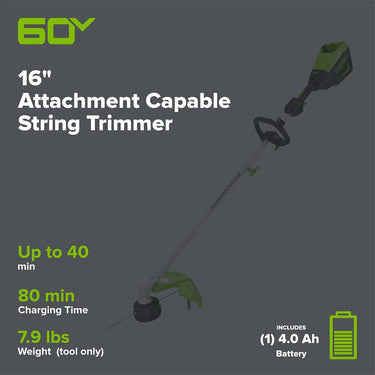 Greenworks Pro 60V 16” Cordless String Trimmer, 4.0 Ah Battery, Charger (ST60L413)