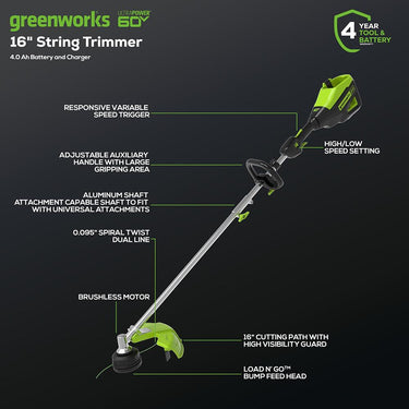 Greenworks Pro 60V 16” Cordless String Trimmer, 4.0 Ah Battery, Charger (ST60L413)