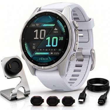 Garmin Fenix 8 43 mm AMOLED Silver with Whitestone Band + Charging Dock Bundle