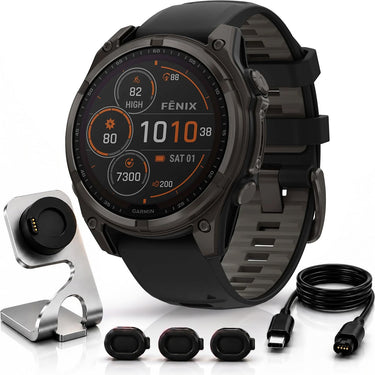 Garmin Fenix 8 51mm Solar Sapphire, Carbon Gray + Charging Dock + Dust Cover Bundle