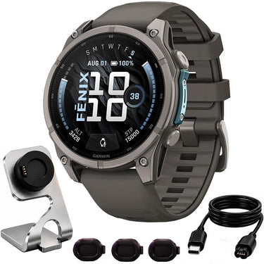 Garmin Fenix 9 47 mm Titanium w/ pebble gray silicone band +Essential Protection Bundle