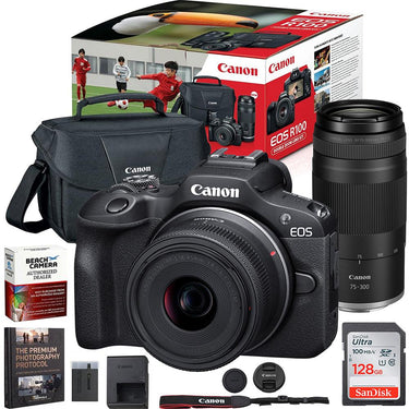 Canon EOS R100 Camera Double Zoom Lens Kit w/RF-S18-45/RF75-300mm + 64GB Bundle