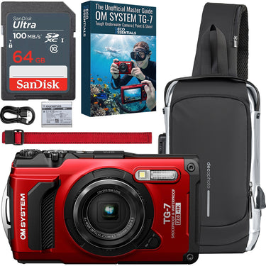 OM SYSTEM Olympus Tough TG-7 12MP Underwater Camera Red + Guide and 64GB Bundle