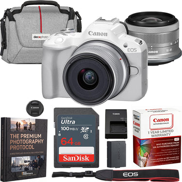 Canon EOS R50 Mirrorless Camera White + 18-45mm IS STM Lens Kit Premier Bundle