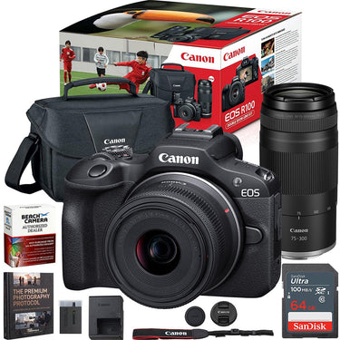 Canon EOS R100 Camera Double Zoom Lens Kit w/RF-S18-45/RF75-300mm + 64GB Bundle