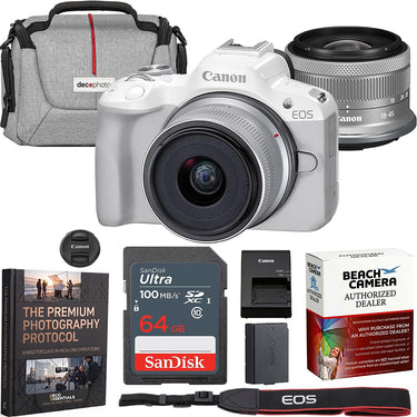 Canon EOS R50 Mirrorless Camera White + 18-45mm IS STM Lens Kit Premier Bundle
