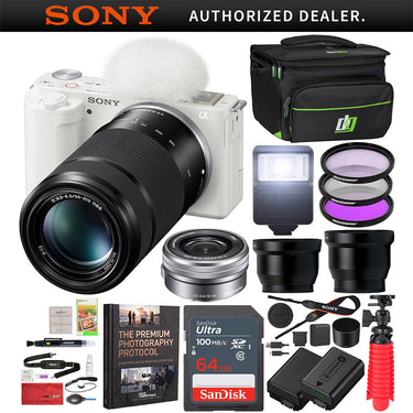 Sony ZV-E10 Mirrorless Vlog Camera Body + 2 Lens Kit 16-50mm + 55-210mm White Bundle