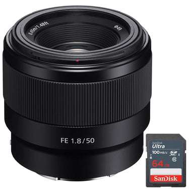 Sony FE 50mm F1.8 Full-frame Prime E-Mount Lens + 64GB Extreme SD Memory Card