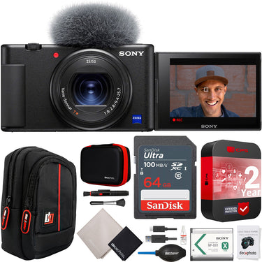 Sony ZV-1 Vlog Camera 4K Video Content Creator Black + Extended Warranty Kit Bundle