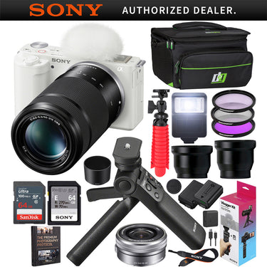 Sony ZV-E10 Mirrorless Vlog Camera 2 Lens Kit 16-50mm 55-210mm + ACCVC1 White Bundle
