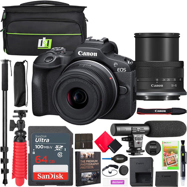 Canon EOS R100 Mirrorless Camera with RF-S 18-45mm F4.5-6.3 IS STM Lens Kit Pro Bundle