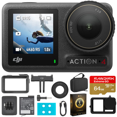 DJI Osmo Action 4 Standard Combo with 64GB Pro Accessory Bundle and 1 YR Warranty