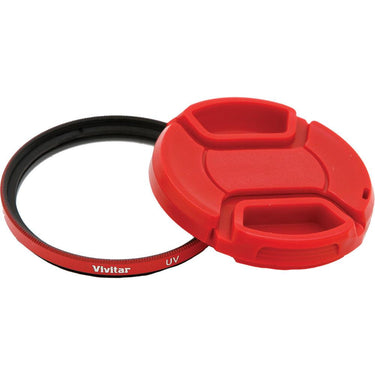Vivitar 49mm UV Filter and Snap On Cap - Red
