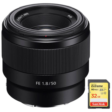 Sony FE 50mm F1.8 Full-frame Prime E-Mount Lens + 32GB Extreme SD Memory Card