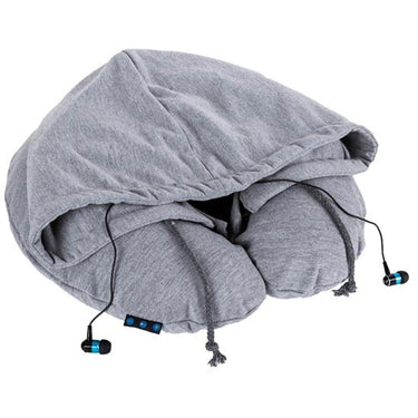 Deco Gear Hoodie Travel Pillow with built-in Bluetooth Earbuds, Grey